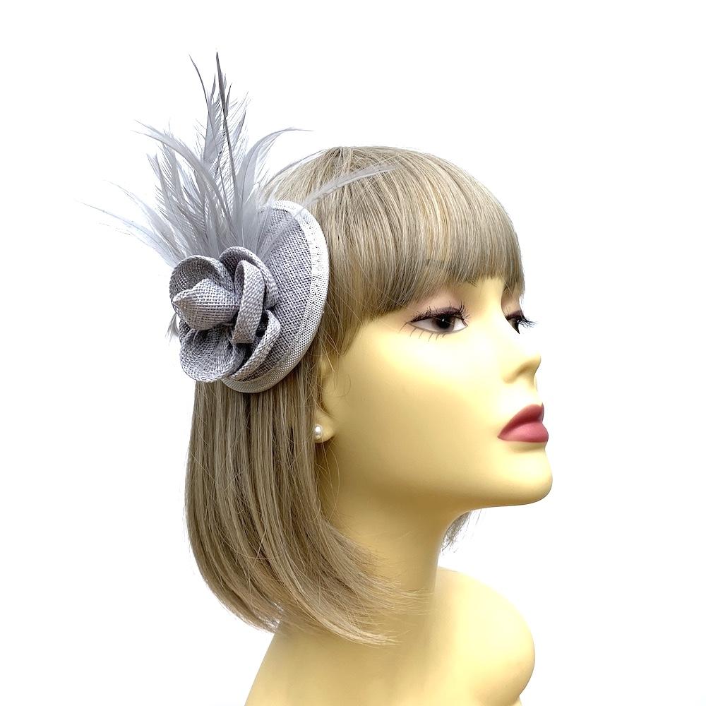 Silver Disc Fascinator with Flower & Feathers-Fascinators Direct