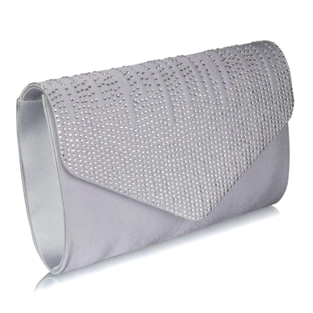Silver Grey Envelope Clutch Bag with Rhinestones-Fascinators Direct