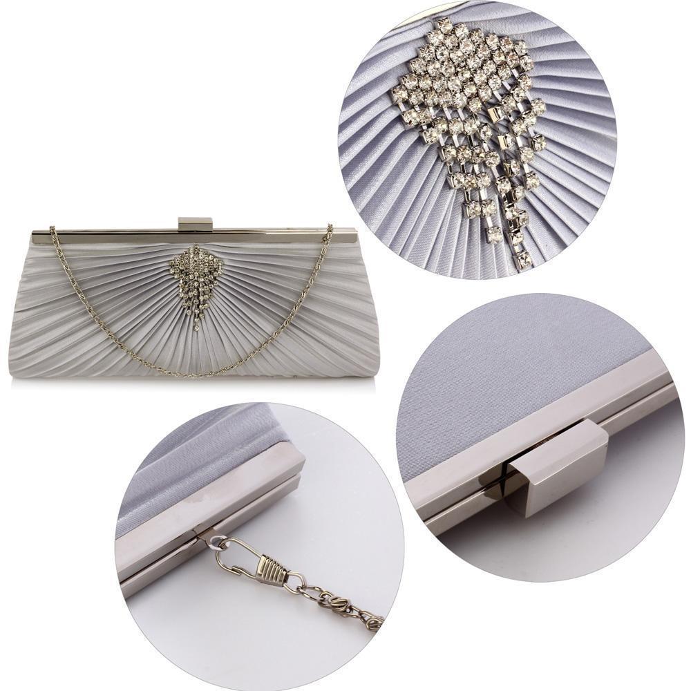Silver Grey Satin Clutch Bag With Dangly Diamanté-Fascinators Direct