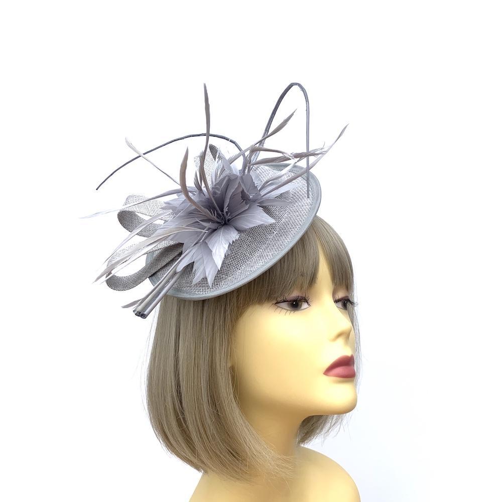Silver Grey Sinamay Disc Fascinator with Flower & Quills-Fascinators Direct