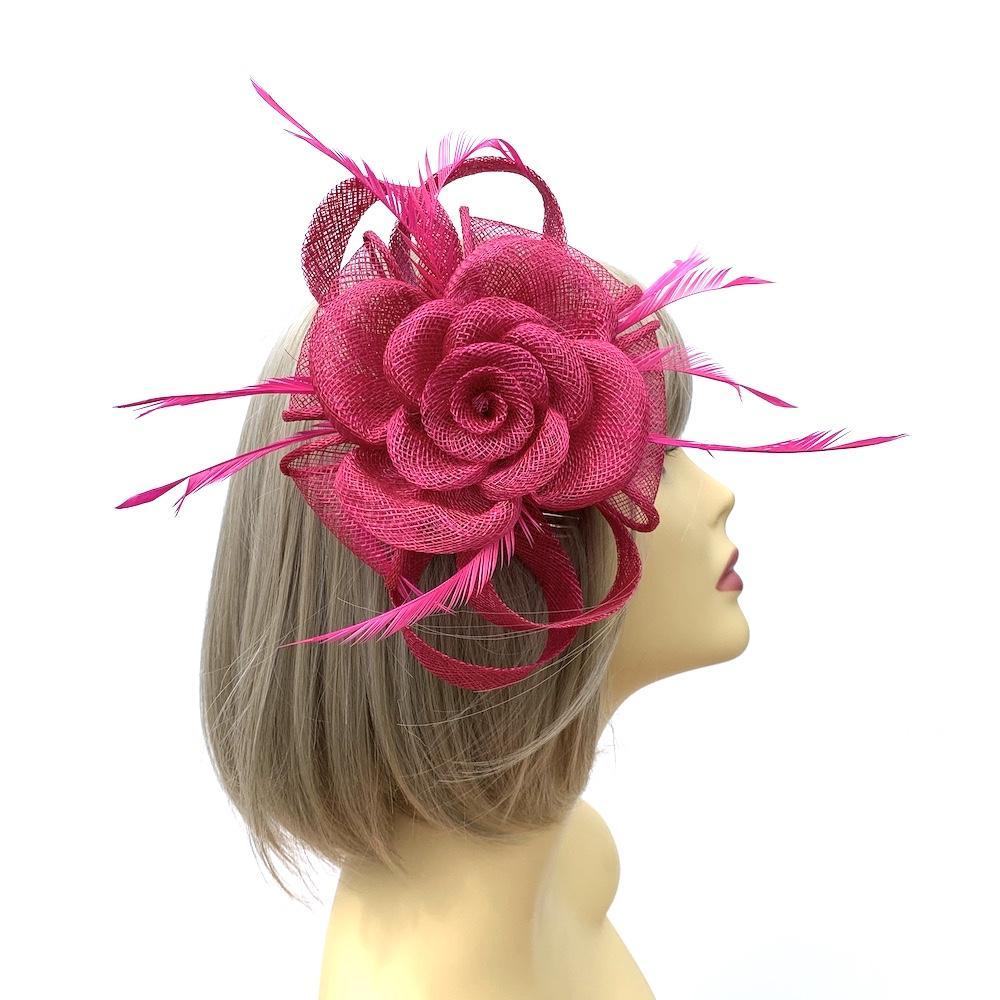 Sinamay Flower & Feathers Fuschia Pink Fascinator on Comb-Fascinators Direct