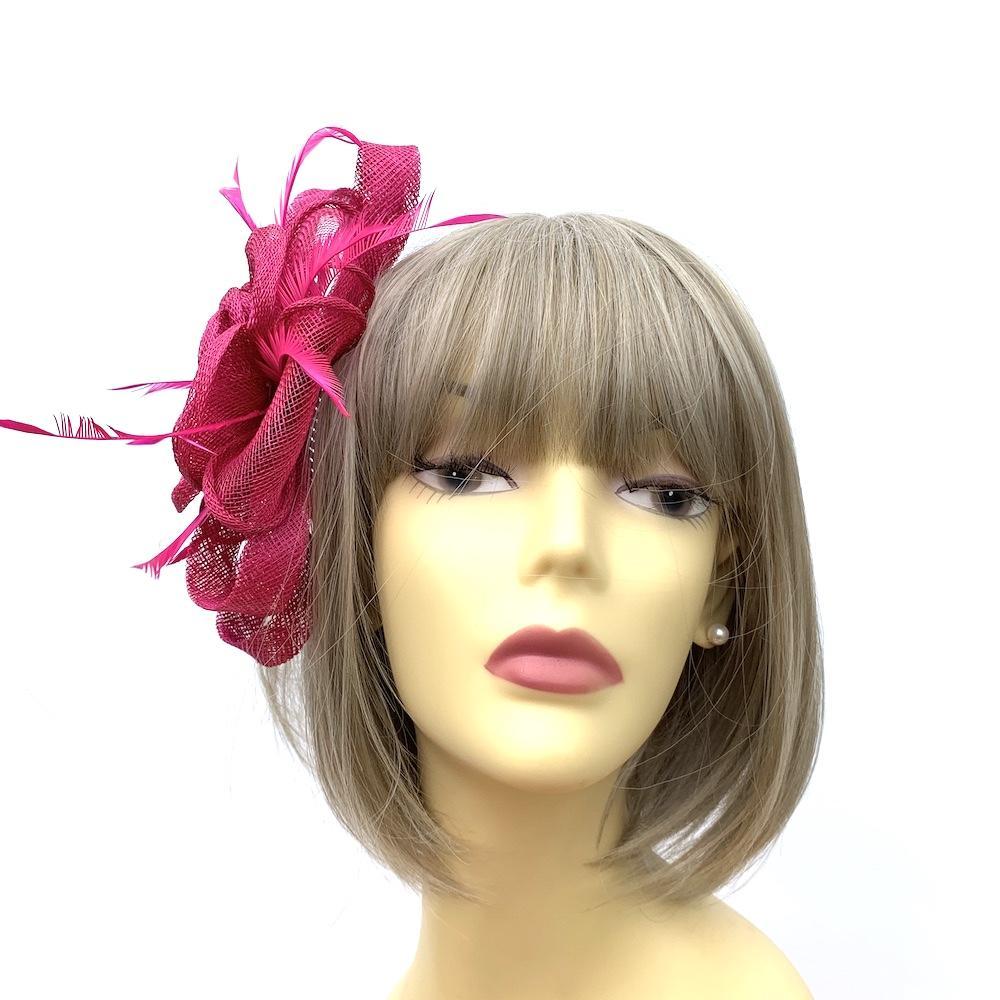 Sinamay Flower &amp; Feathers Fuschia Pink Fascinator on Comb-Fascinators Direct