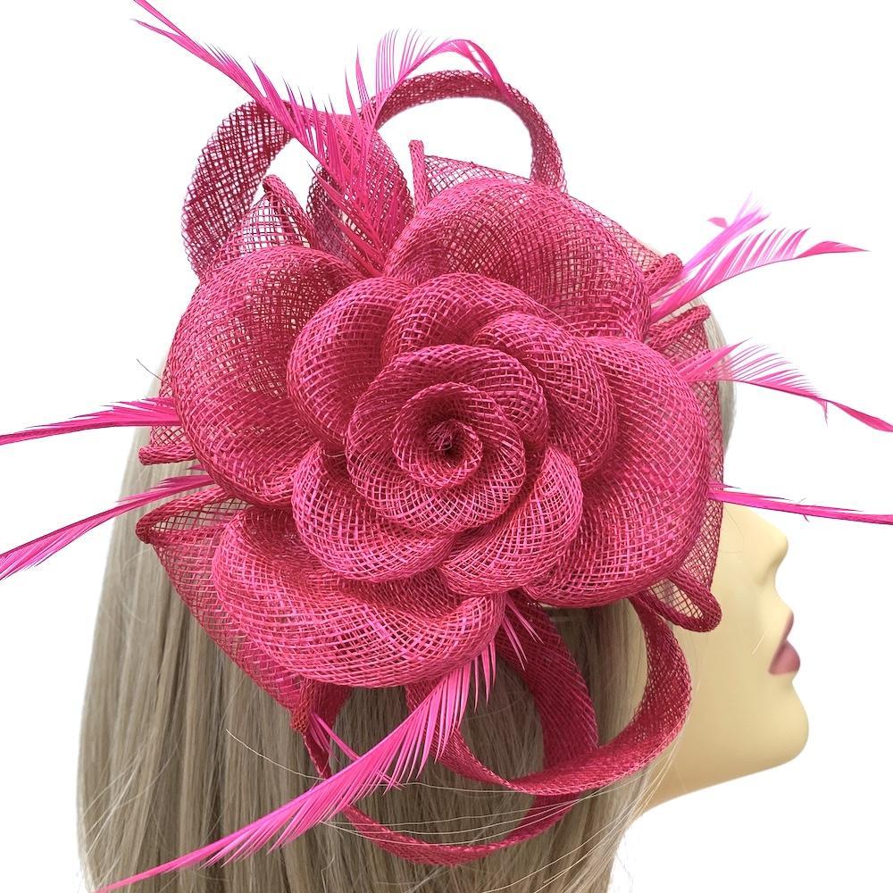 Sinamay Flower &amp; Feathers Fuschia Pink Fascinator on Comb-Fascinators Direct