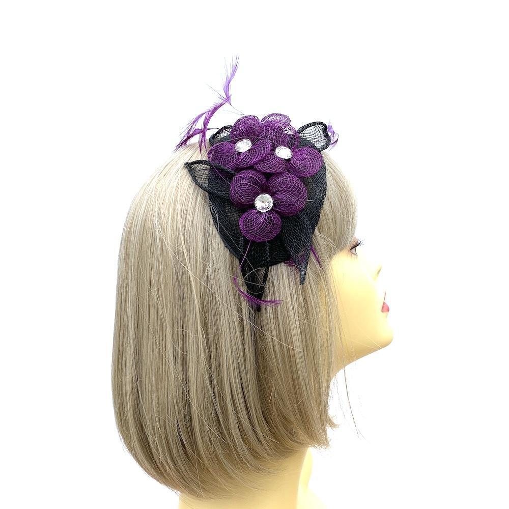 Sinamay Flowers Black & Purple Fascinator Headband with Diamante-Fascinators Direct