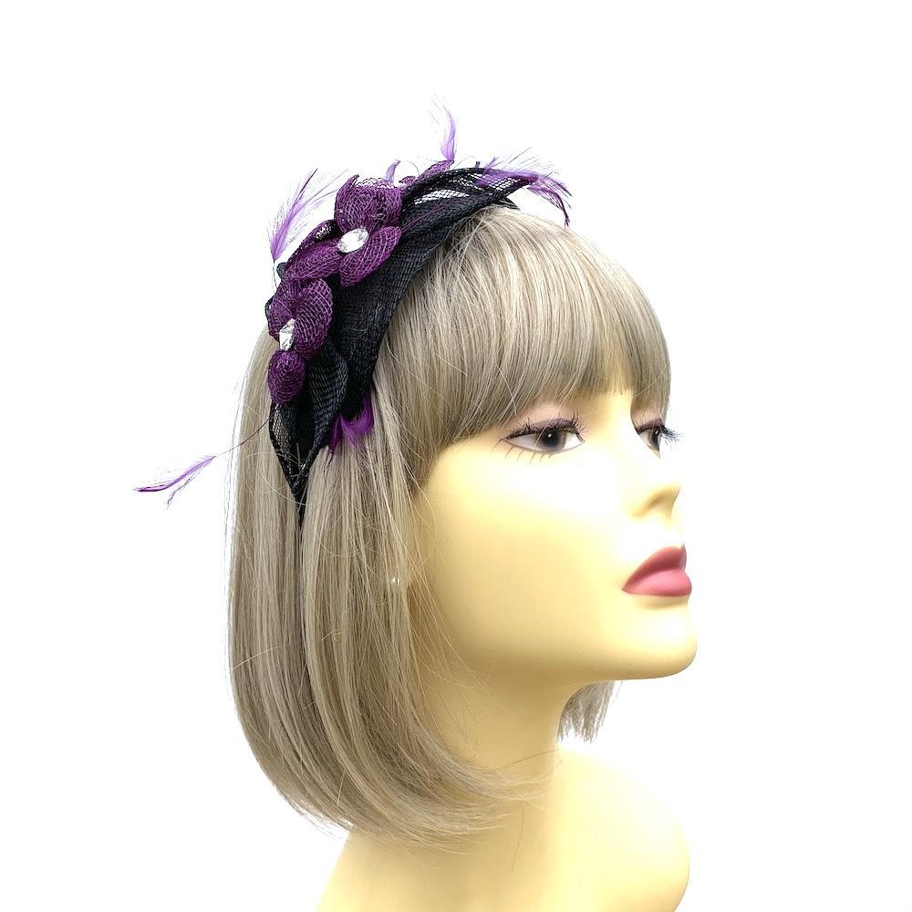 Sinamay Flowers Black &amp; Purple Fascinator Headband with Diamante-Fascinators Direct