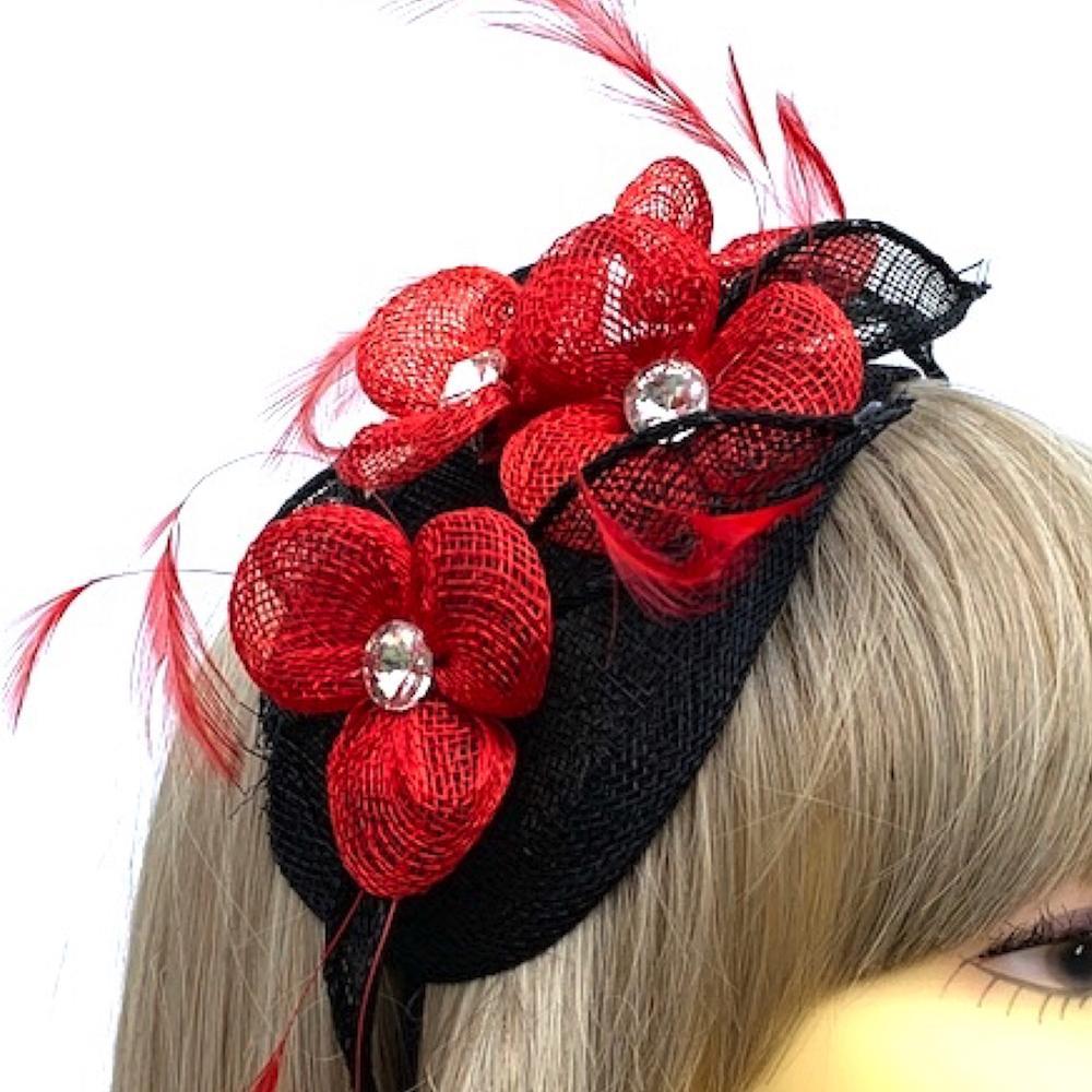 Sinamay Flowers Red &amp; Black &amp; Fascinator Headband with Diamante-Fascinators Direct