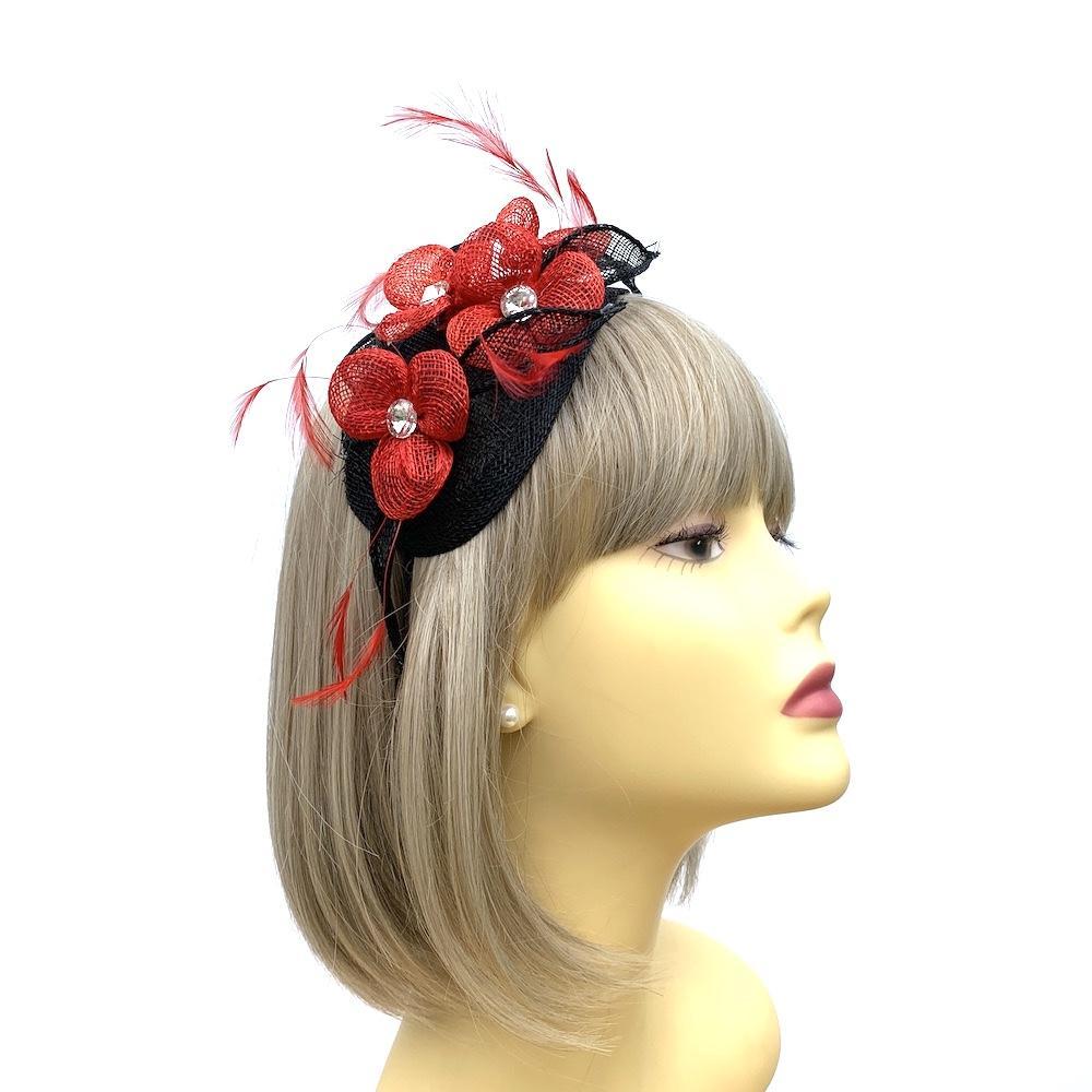 Sinamay Flowers Red &amp; Black &amp; Fascinator Headband with Diamante-Fascinators Direct