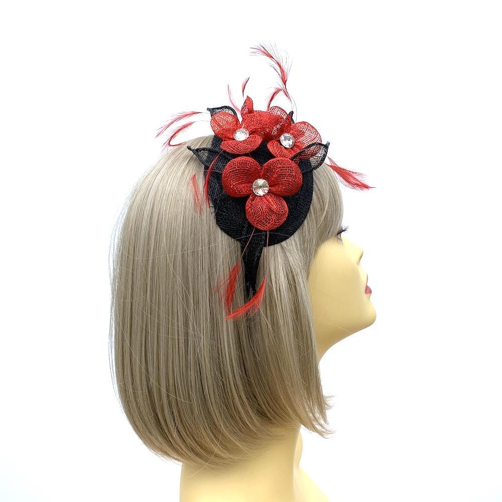 Sinamay Flowers Red &amp; Black &amp; Fascinator Headband with Diamante-Fascinators Direct