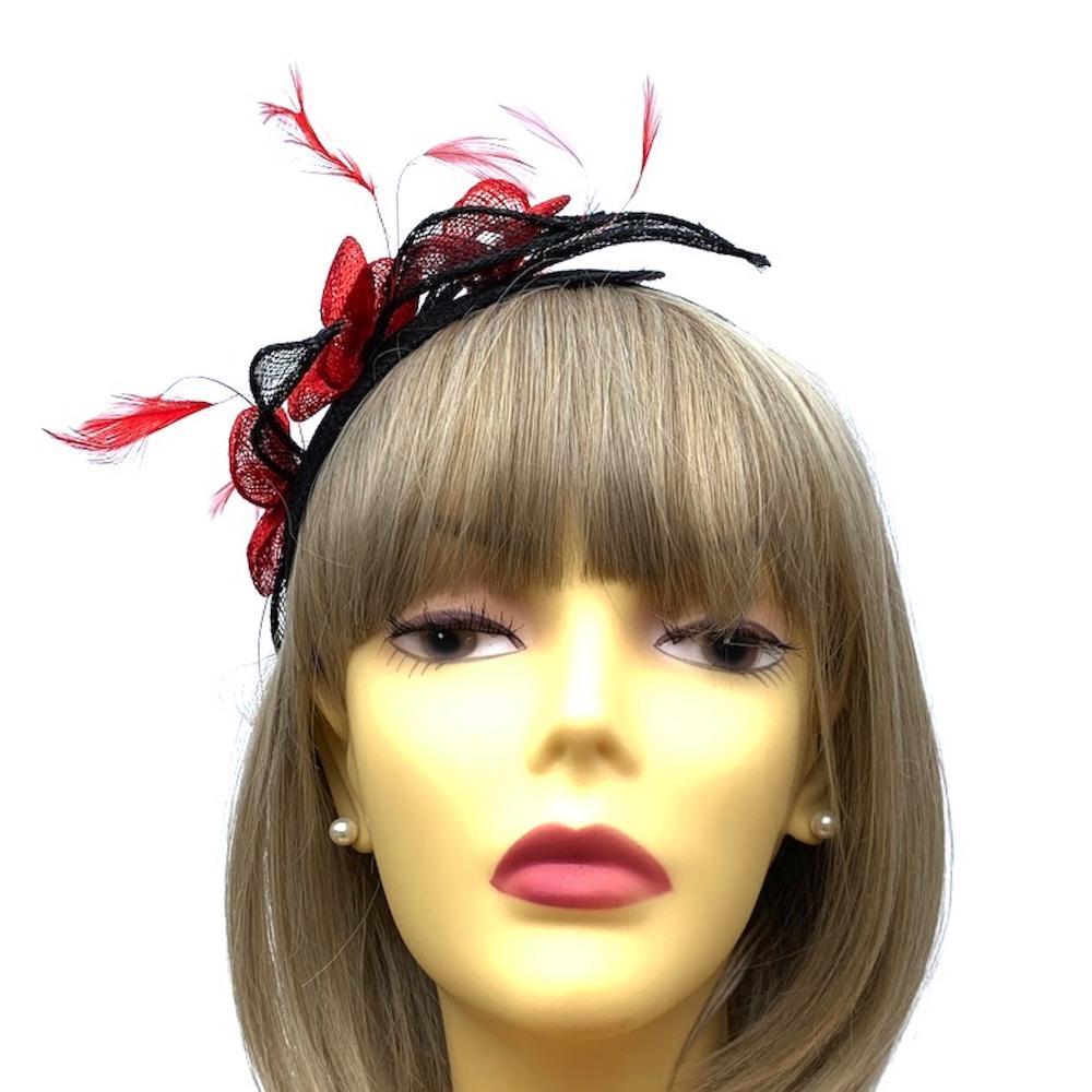 Sinamay Flowers Red &amp; Black &amp; Fascinator Headband with Diamante-Fascinators Direct