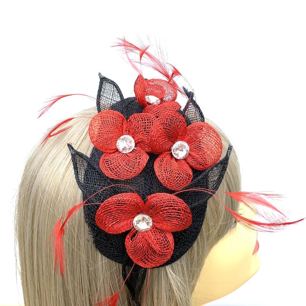 Sinamay Flowers Red &amp; Black &amp; Fascinator Headband with Diamante-Fascinators Direct