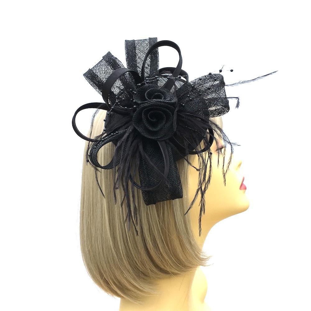 Sinamay &amp; Satin Loops Black Fascinator Clip-Fascinators Direct
