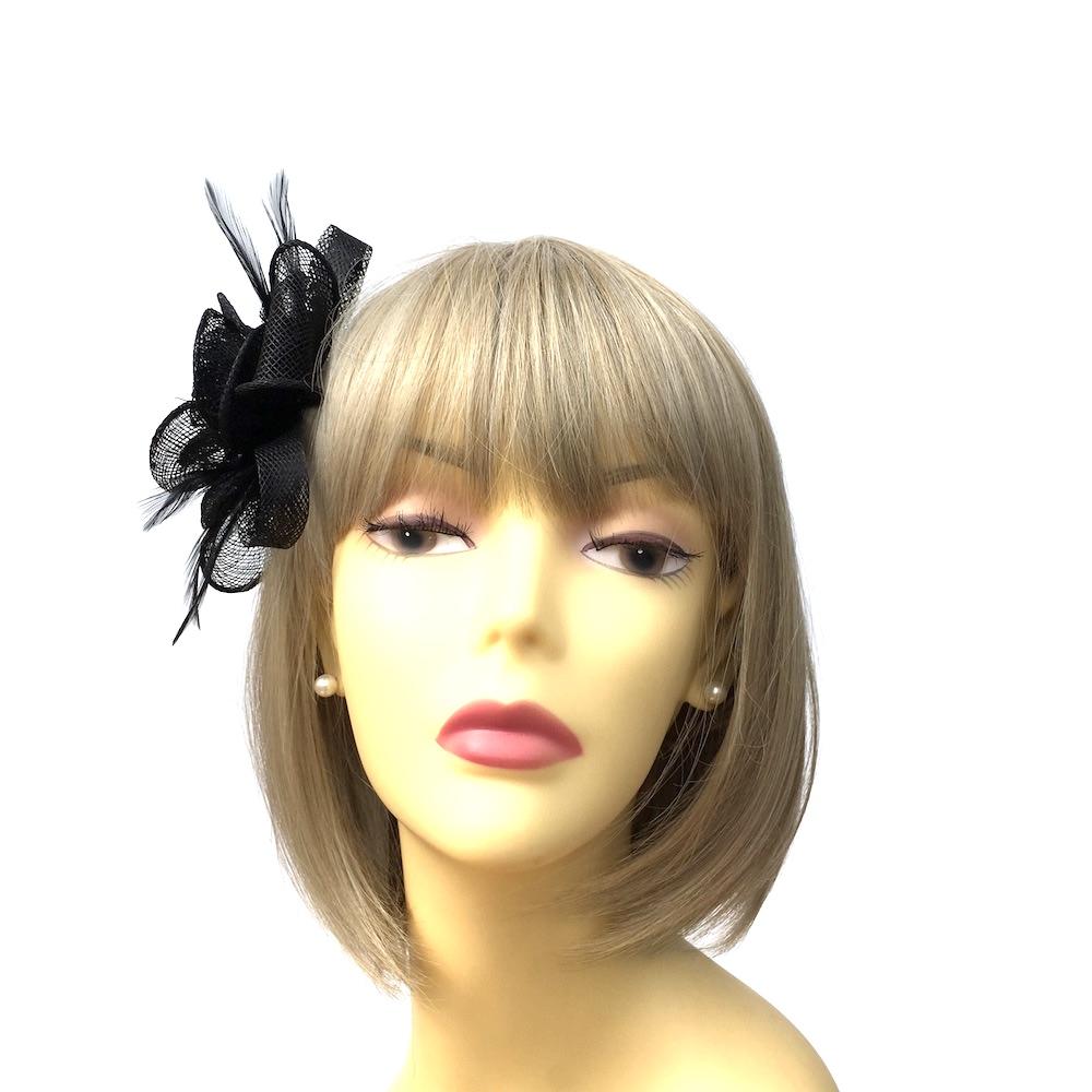 Small Black Fascinator Clip with Bow & Flower