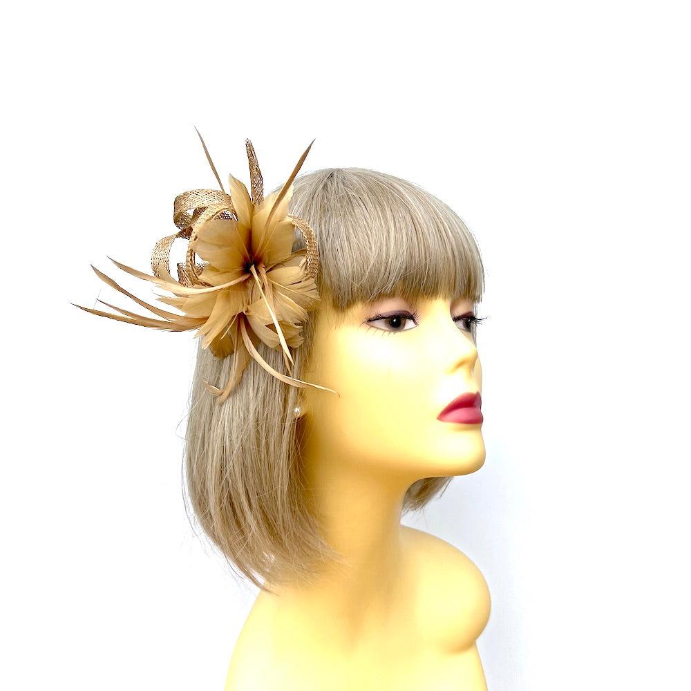 Small Gold Fascinator Clip with Feathers & Loops-Fascinators Direct
