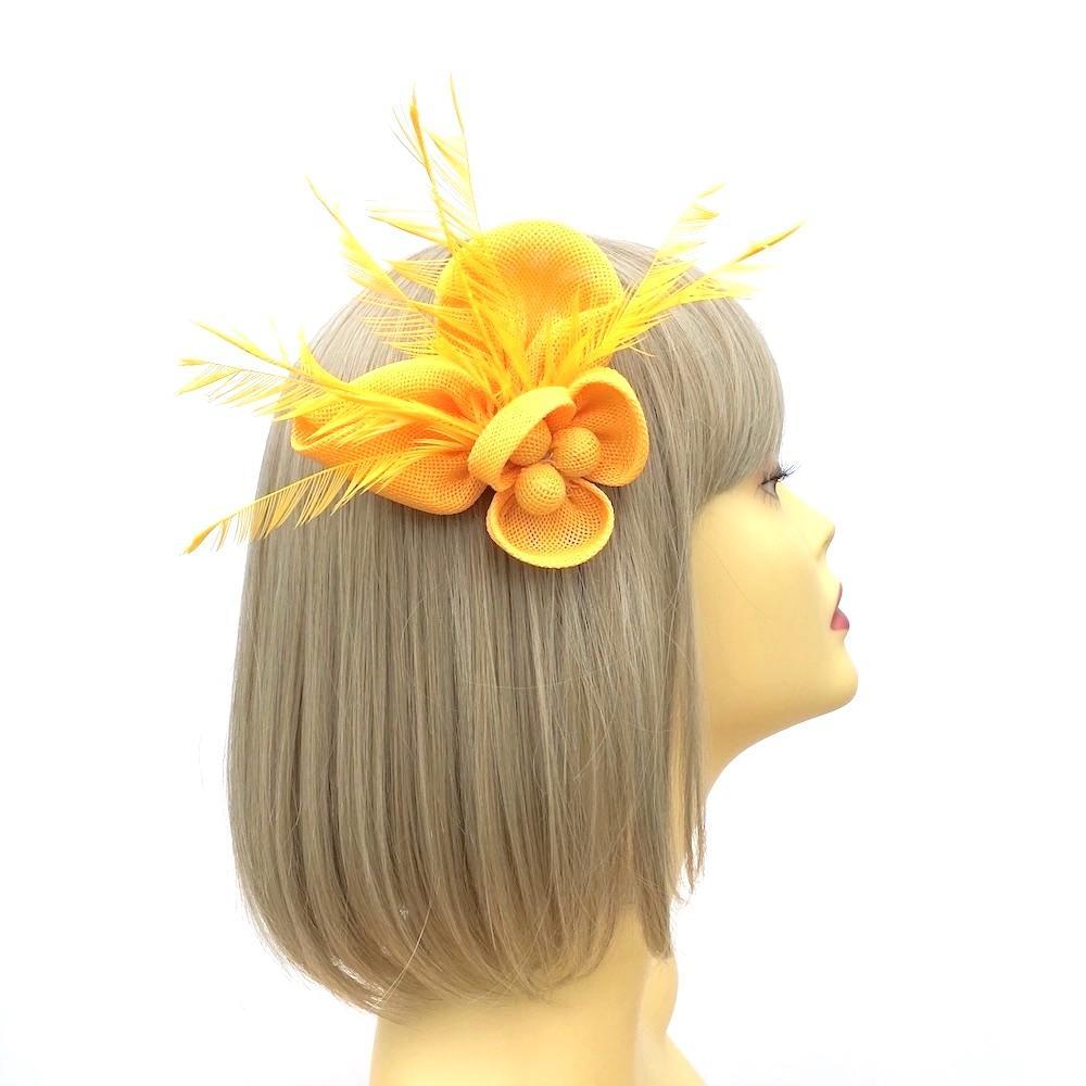 Small Mustard Yellow Flower Fascinator Clip with Feathers-Fascinators Direct