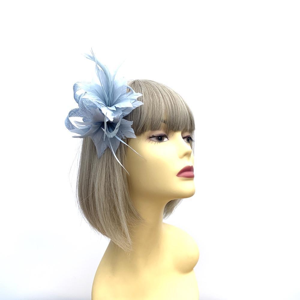 Small Pale Blue Fascinator Clip with Feathers & Loops-Fascinators Direct