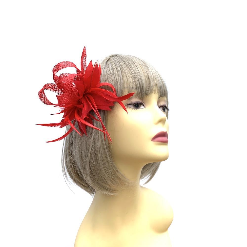 Small Red Fascinator Clip with Feathers & Sinamay Loops-Fascinators Direct
