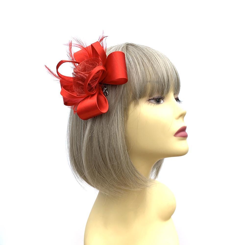 Small Red Fascinator Hair Clip with Satin Loops &amp; Feathers-Fascinators Direct