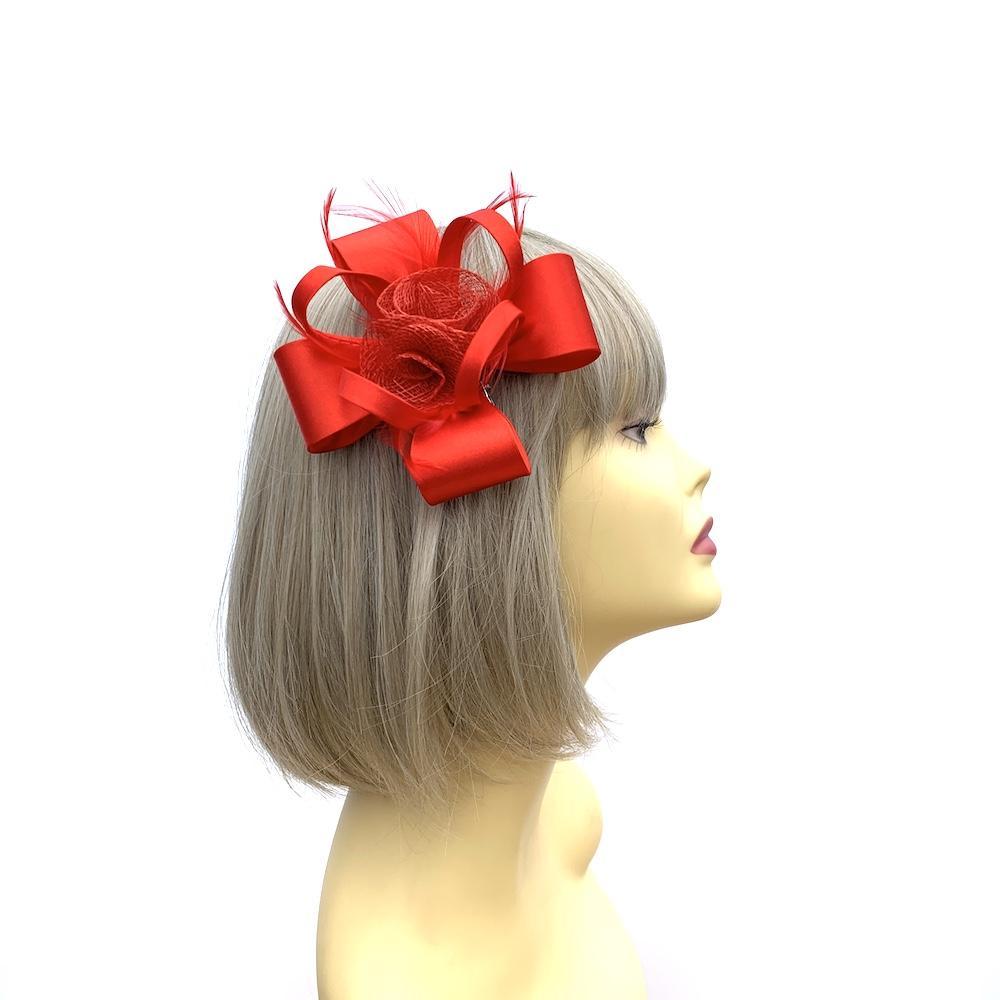 Small Red Fascinator Hair Clip with Satin Loops &amp; Feathers-Fascinators Direct
