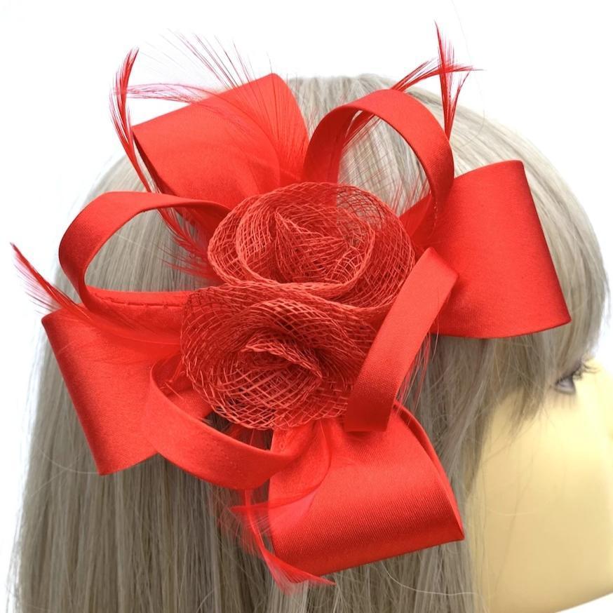 Small Red Fascinator Hair Clip with Satin Loops &amp; Feathers-Fascinators Direct
