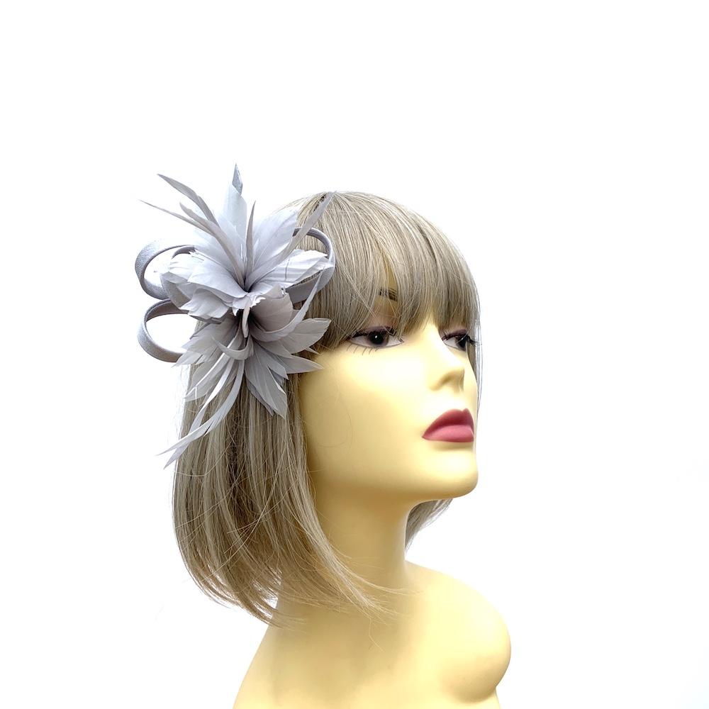 Small Silver Fascinator Clip with Feathers & Satin Loops-Fascinators Direct