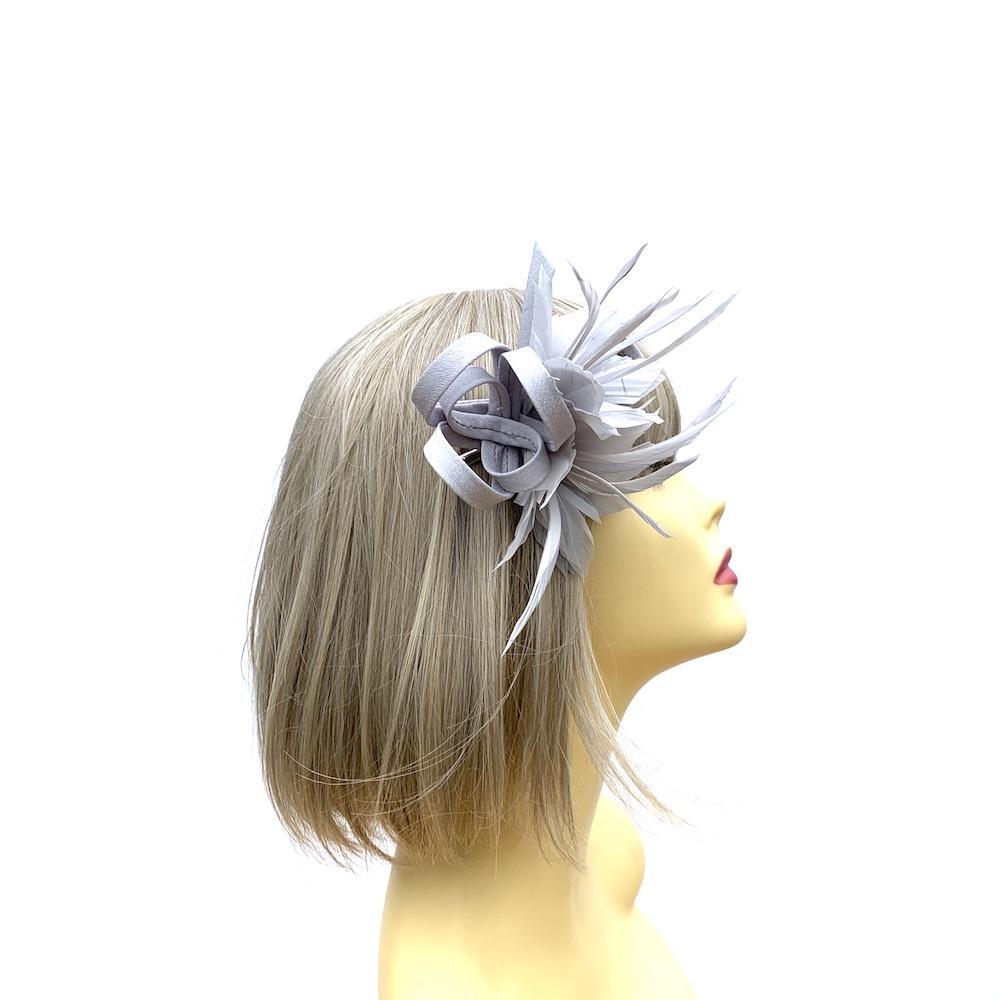 Small Silver Fascinator Clip for Weddings with Feathers & Satin Loops