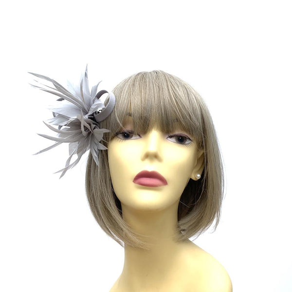 Small Silver Fascinator Clip for Weddings with Feathers & Satin Loops