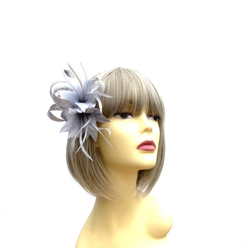 Small Silver Grey Fascinator Clip with Feathers & Sinamay Loops-Fascinators Direct