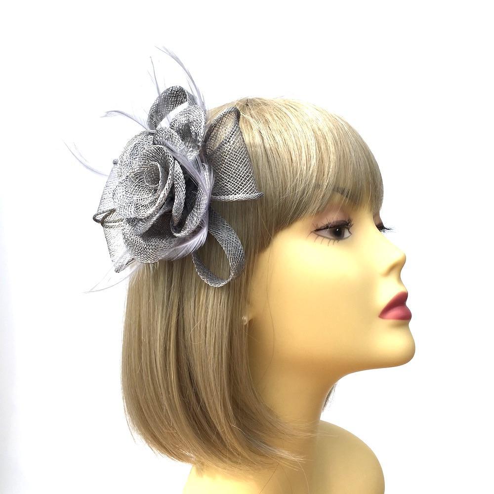 Small Steel Grey Fascinator Clip with Bow & Flower-Fascinators Direct