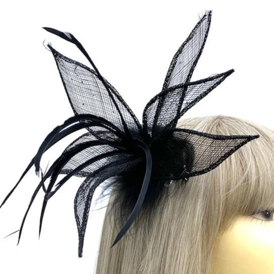 Stargazer Lily Black Fascinator Clip with Petals &amp; Feathers-Fascinators Direct