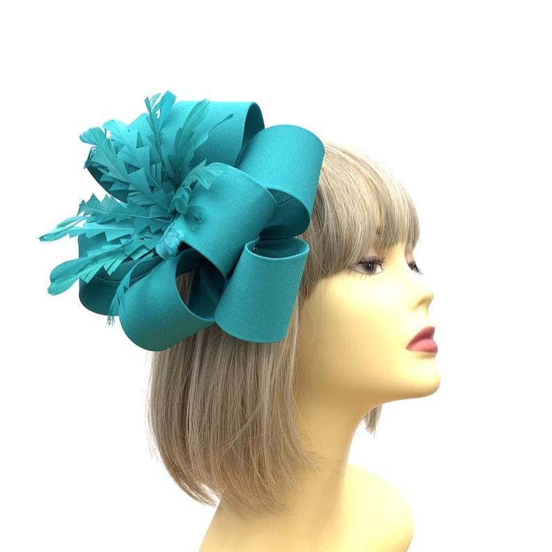 Teal Fascinator on comb with Big Loops & Feathers-Fascinators Direct