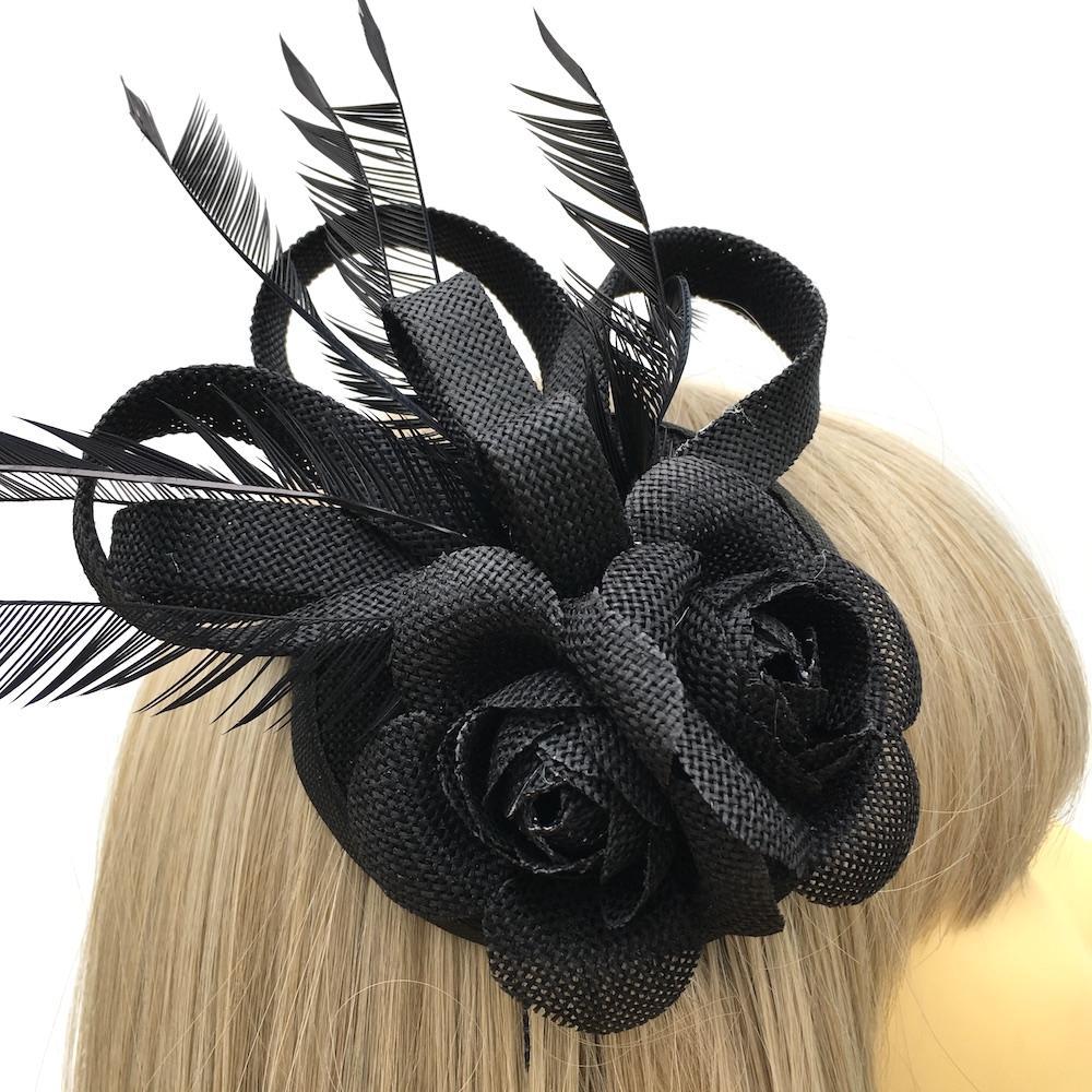 Twin Rose Black Disc Fascinator with Sinamay Loops &amp; Feathers-Fascinators Direct