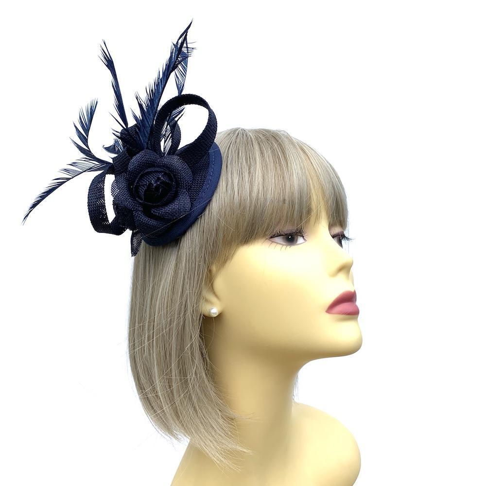 Twin Rose Navy Disc Fascinator with Sinamay Loops & Feathers-Fascinators Direct
