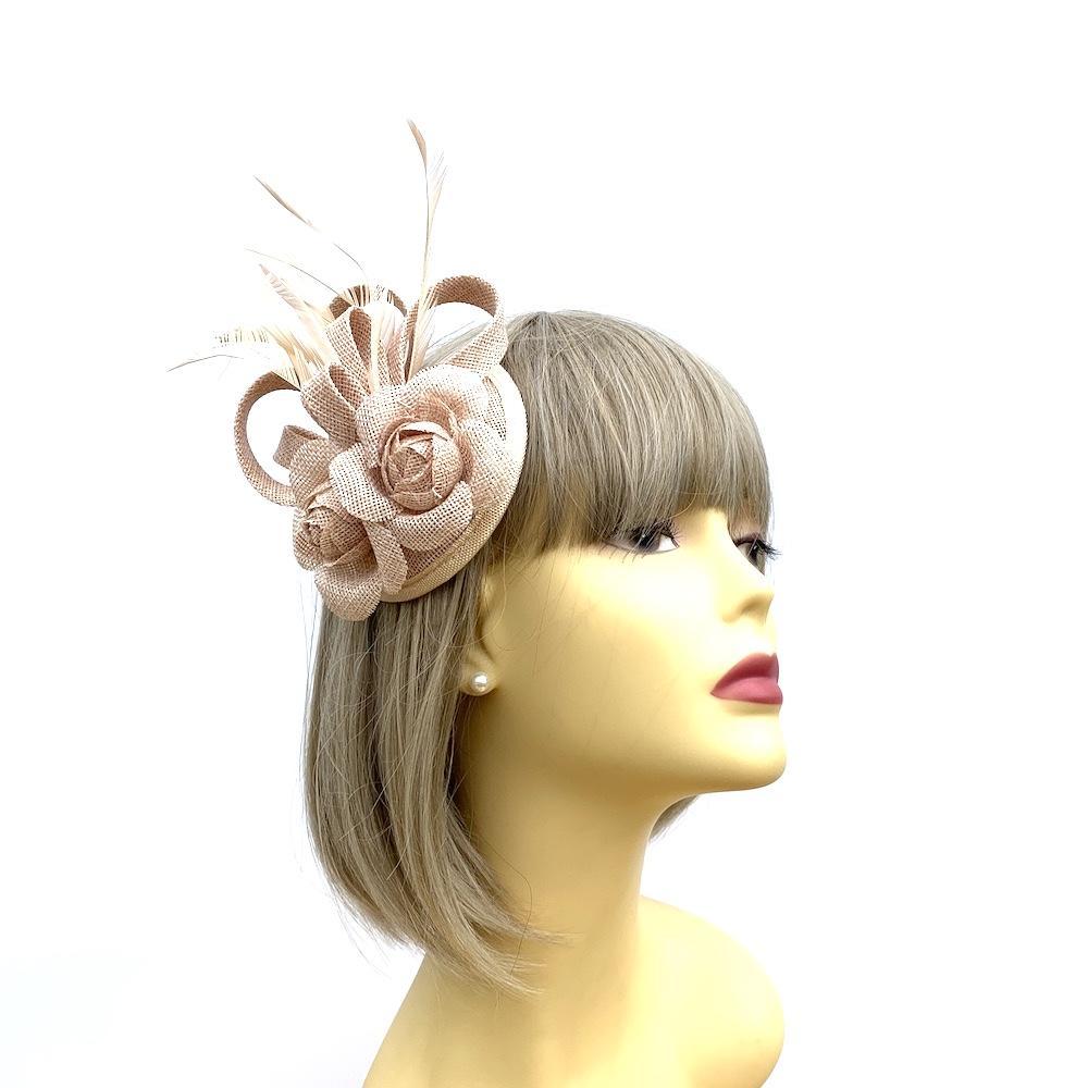 Twin Rose Nude Disc Fascinator with Sinamay Loops & Feathers-Fascinators Direct