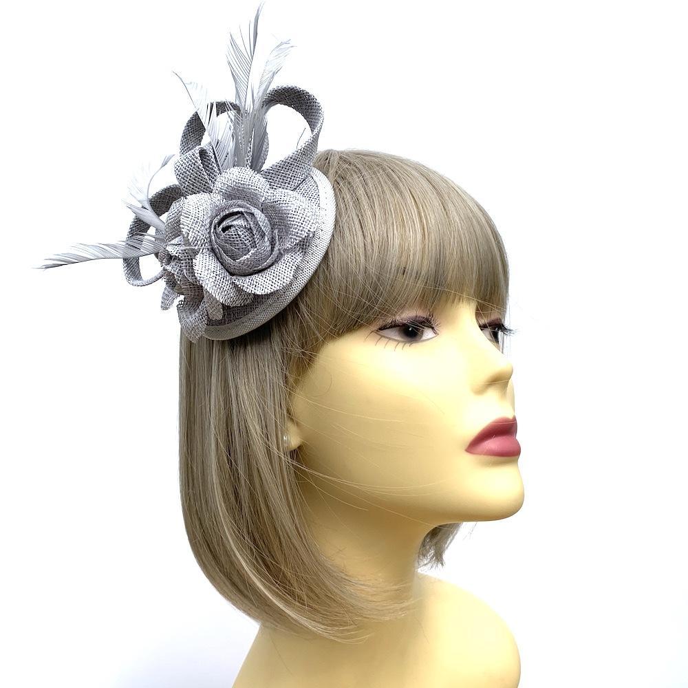 Twin Rose Silver Grey Disc Fascinator with Sinamay Loops & Feathers-Fascinators Direct