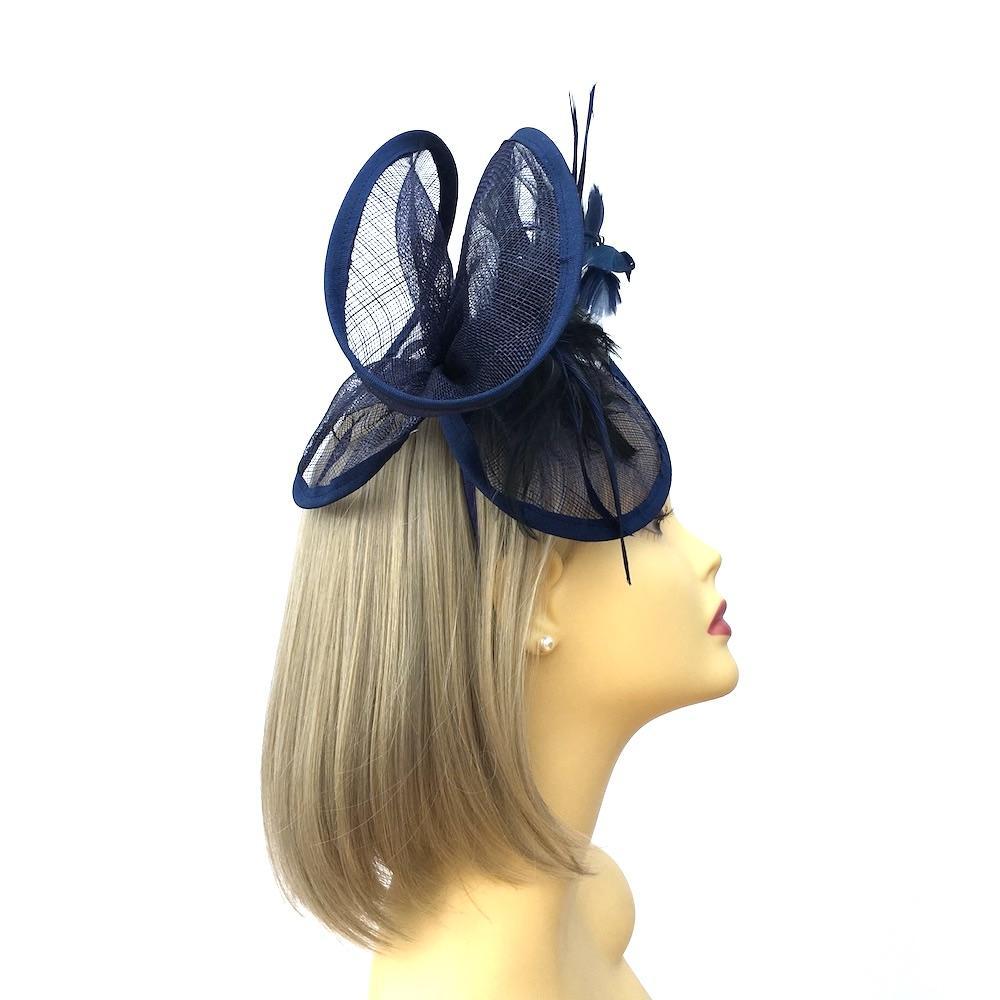 Twisted Sinamay Navy Fascinator Hat with Feather Flower-Fascinators Direct