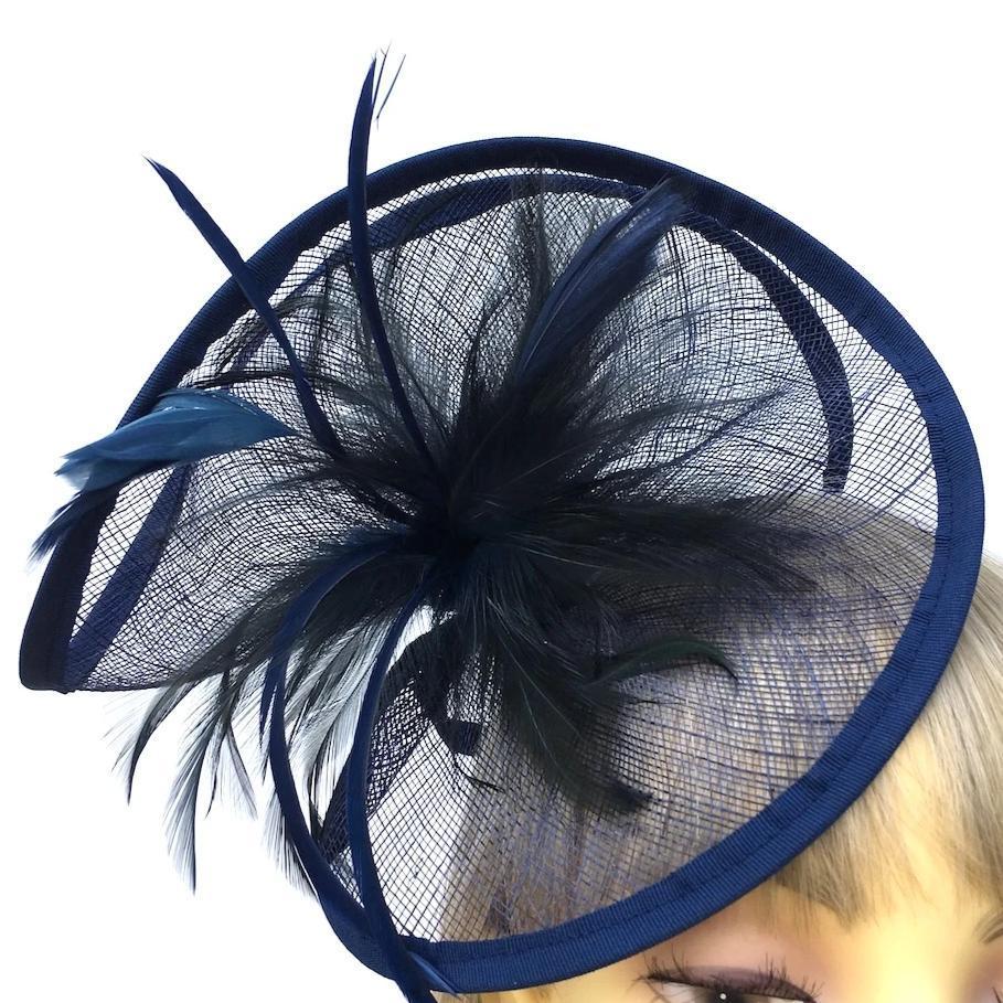 Twisted Sinamay Navy Fascinator Hat with Feather Flower-Fascinators Direct