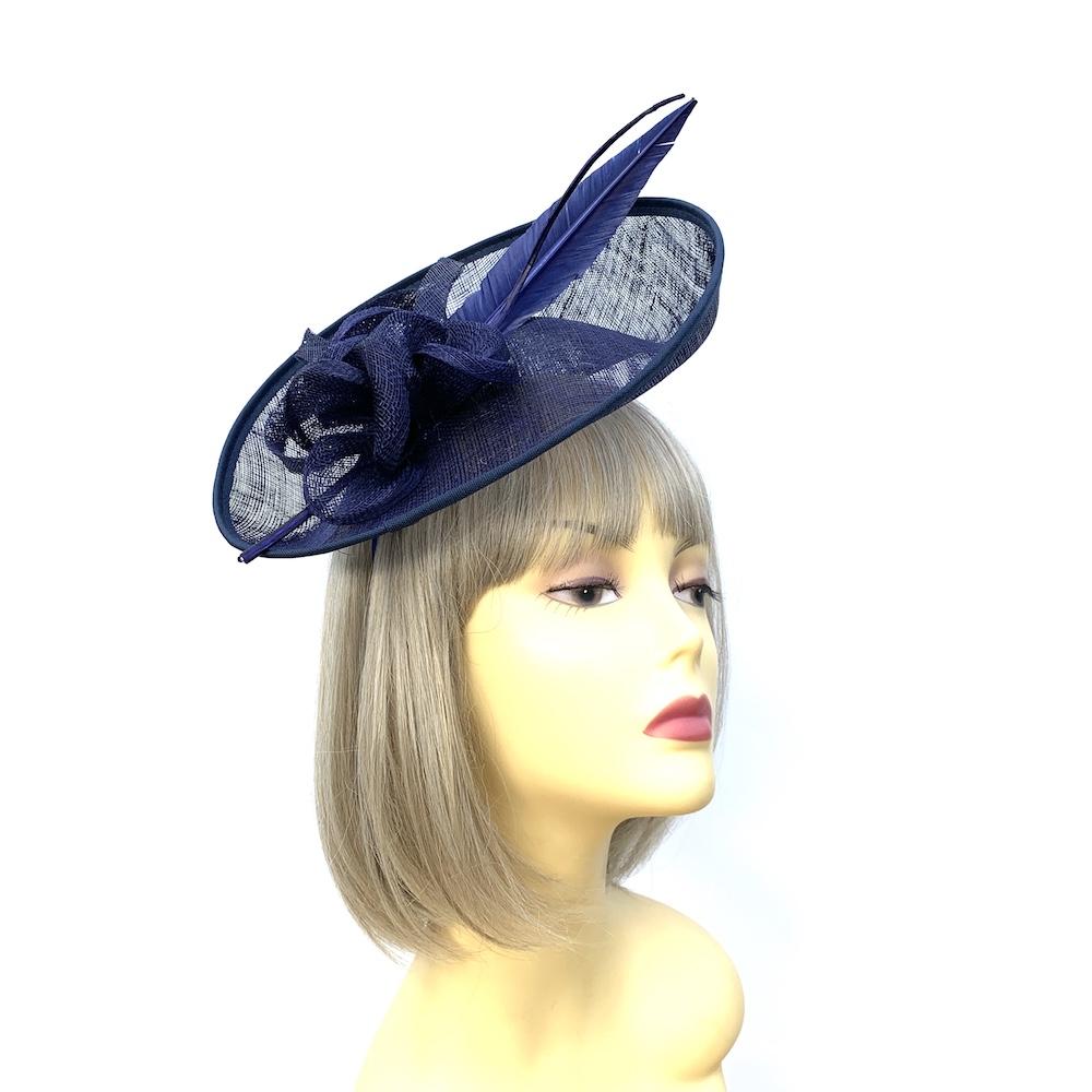 Upturned Brim Navy Fascinator Hat with Feather Quill-Fascinators Direct