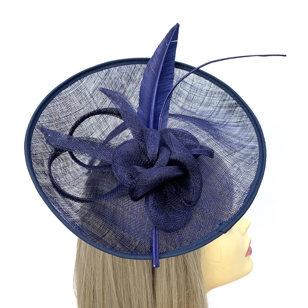 Upturned Brim Navy Fascinator Hat with Feather Quill-Fascinators Direct