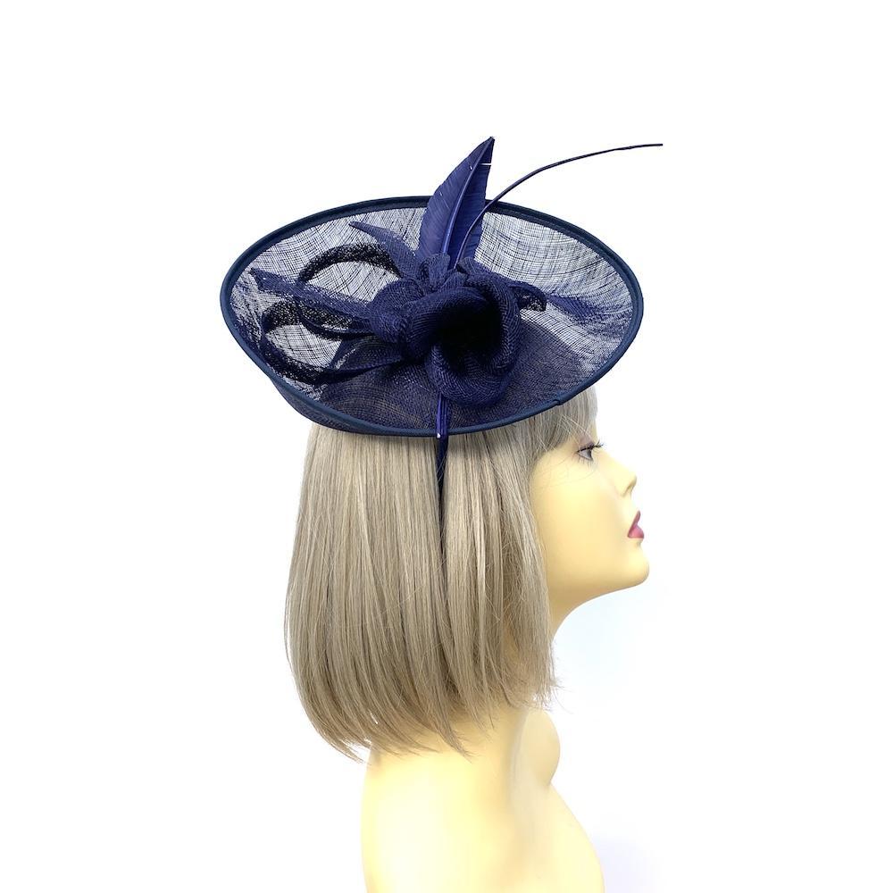 Upturned Brim Navy Fascinator Hat with Feather Quill-Fascinators Direct