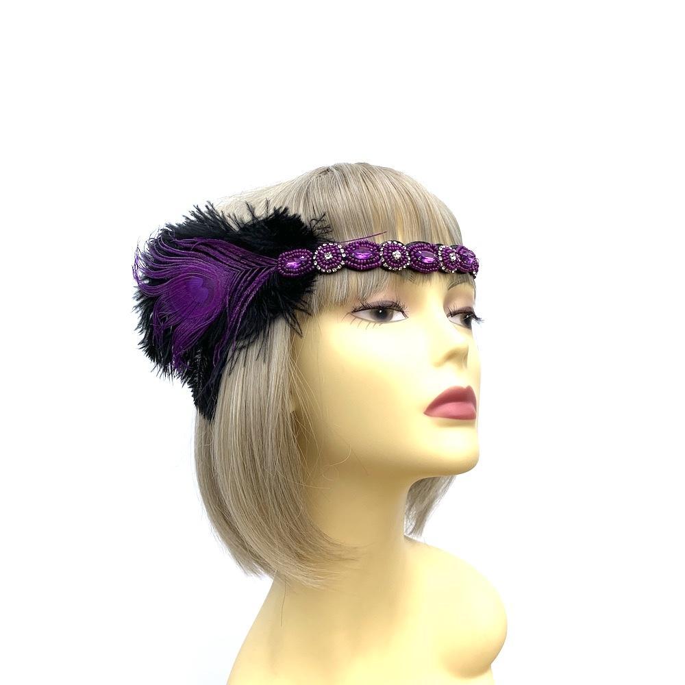 Vintage 1920s Headband Flapper Headpiece - Black & Purple-Fascinators Direct