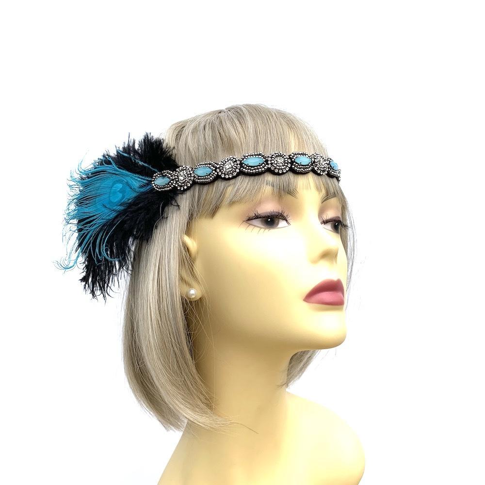 Vintage 1920s Headband Flapper Headpiece - Black & Turquoise-Fascinators Direct
