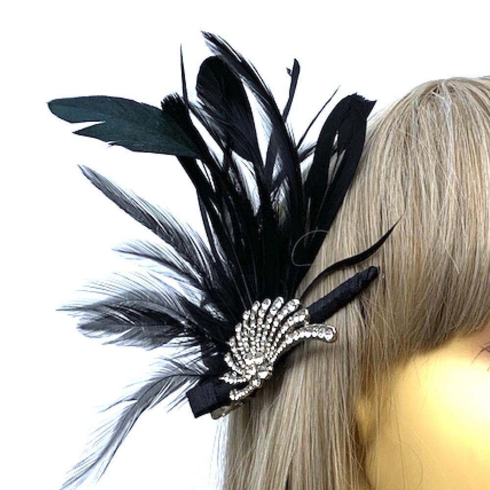 Vintage Black Feather Flapper Headpiece Fascinator Clip-Fascinators Direct