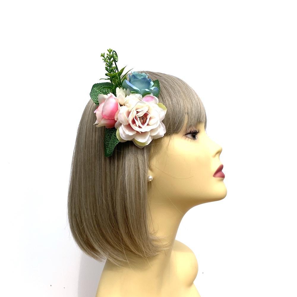 Vintage Floral Hair Clip Corsage - Cream, Blue & Pink-Fascinators Direct