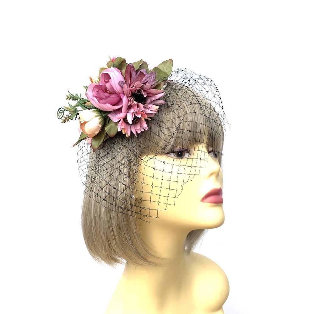 Vintage Garden Pink & Blush Floral Fascinator Hat with Veil-Fascinators Direct