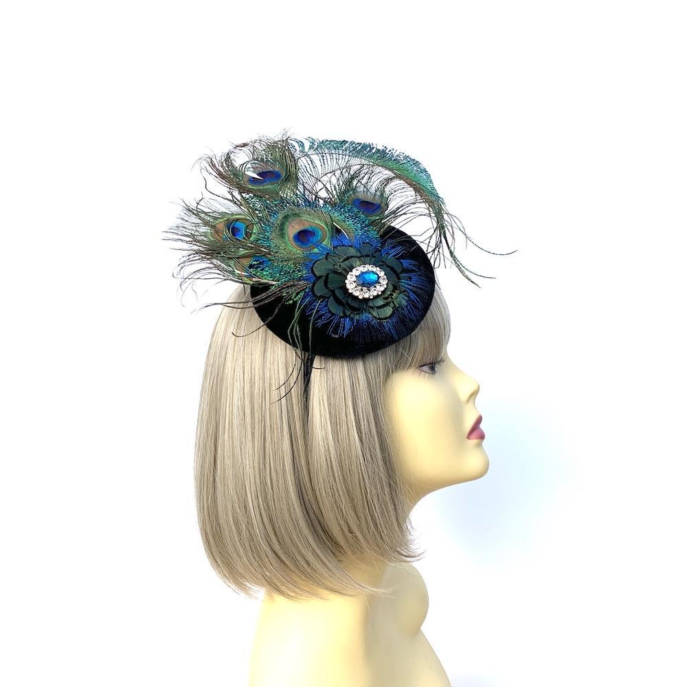 Peacock Feather Fascinator Hat with vintage Jewel Embellishment