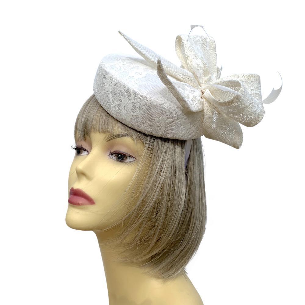 Vintage Lace White & Cream Pillbox Hat Fascinator Headband with Bow-Fascinators Direct