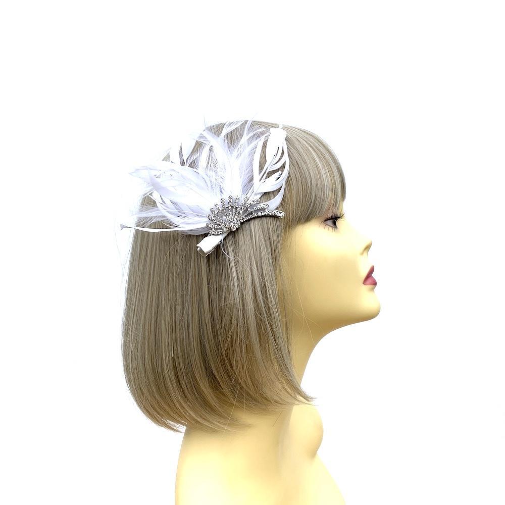 Vintage White Feather Flapper Headpiece Fascinator Clip-Fascinators Direct
