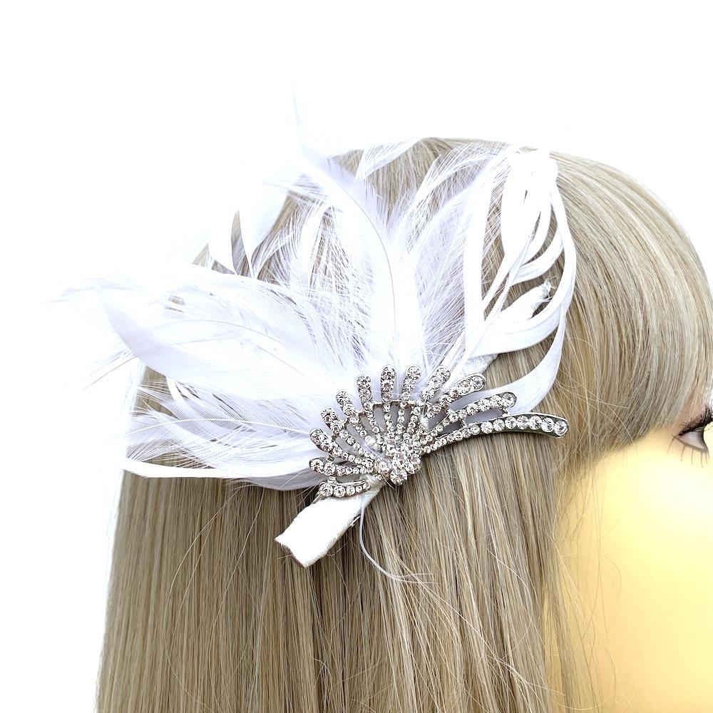 Vintage White Feather Flapper Headpiece Fascinator Clip-Fascinators Direct