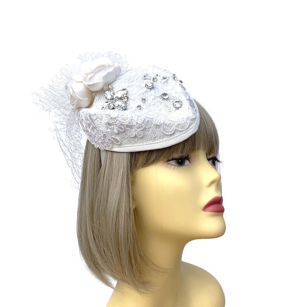 White Embroidery &amp; Ivory Rose Vintage Bridal Fascinator Hat With Veil-Fascinators Direct