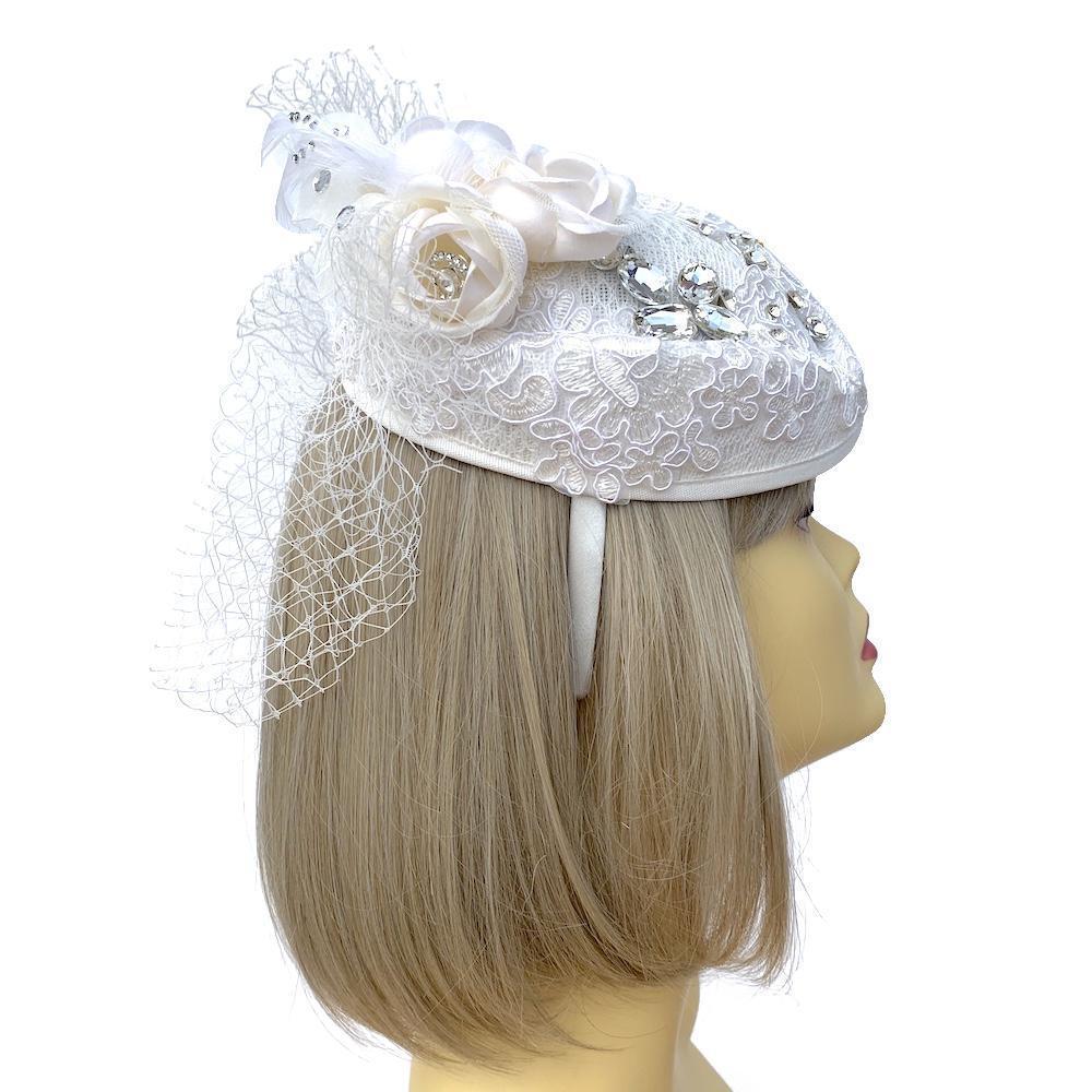 White Embroidery &amp; Ivory Rose Vintage Bridal Fascinator Hat With Veil-Fascinators Direct